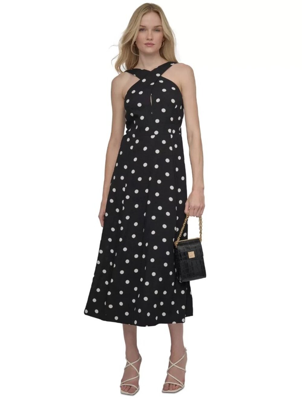DKNY Black White Polka-Dot Crisscross Halter Midi Dress